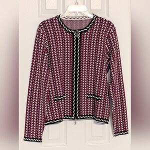 Kasper Women's (Large) Black Red & White Zip-Front Geometric Pattern Cardigan